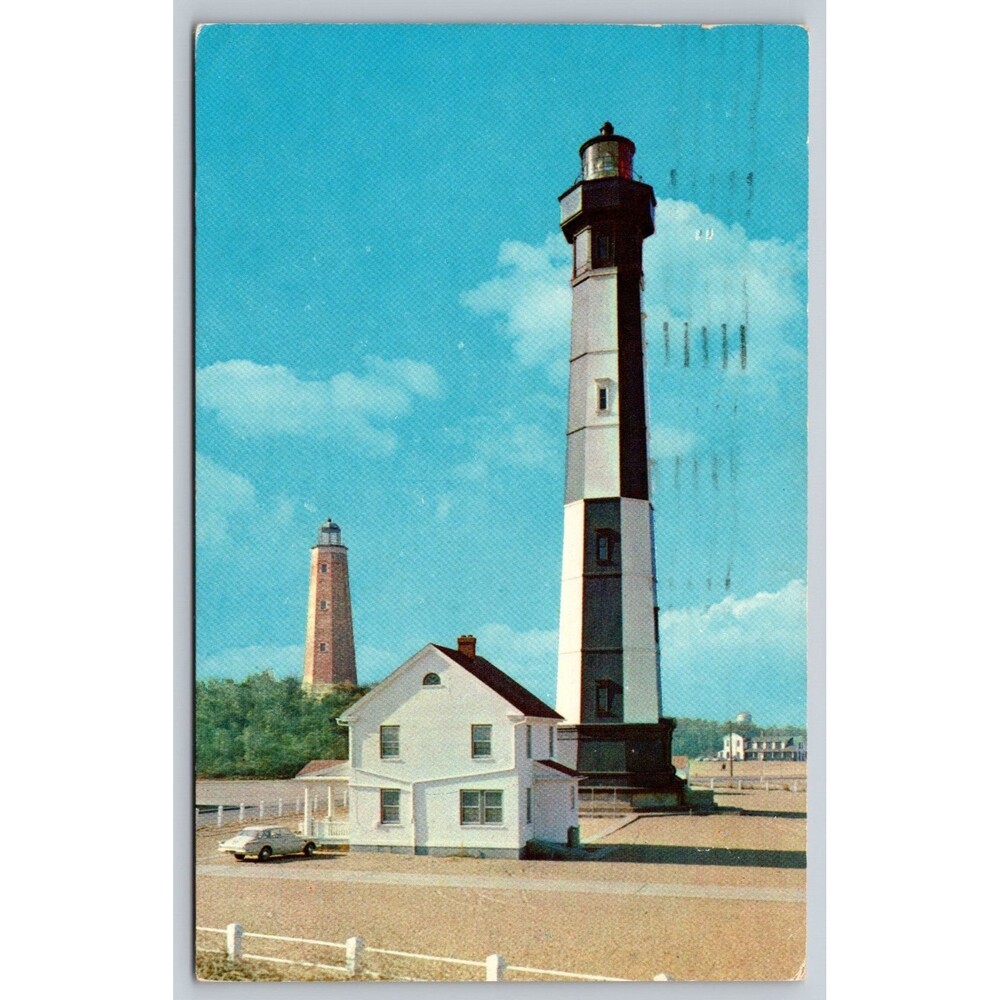 Vintage Postcard Virginia Beach Cape Henry Lighthouses Old and New Old Car c1960